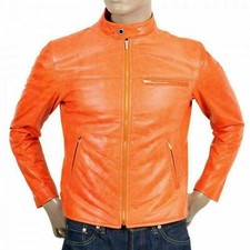 Men Genuine Lambskin Leather Fight Club Premium Orange Biker Coat Jacket - 017