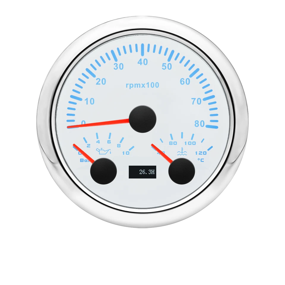85mm White 3 IN 1 Tachometer 0-8000RPM with Water Temp Oil Pressure Gauge  - Image 4 of 4