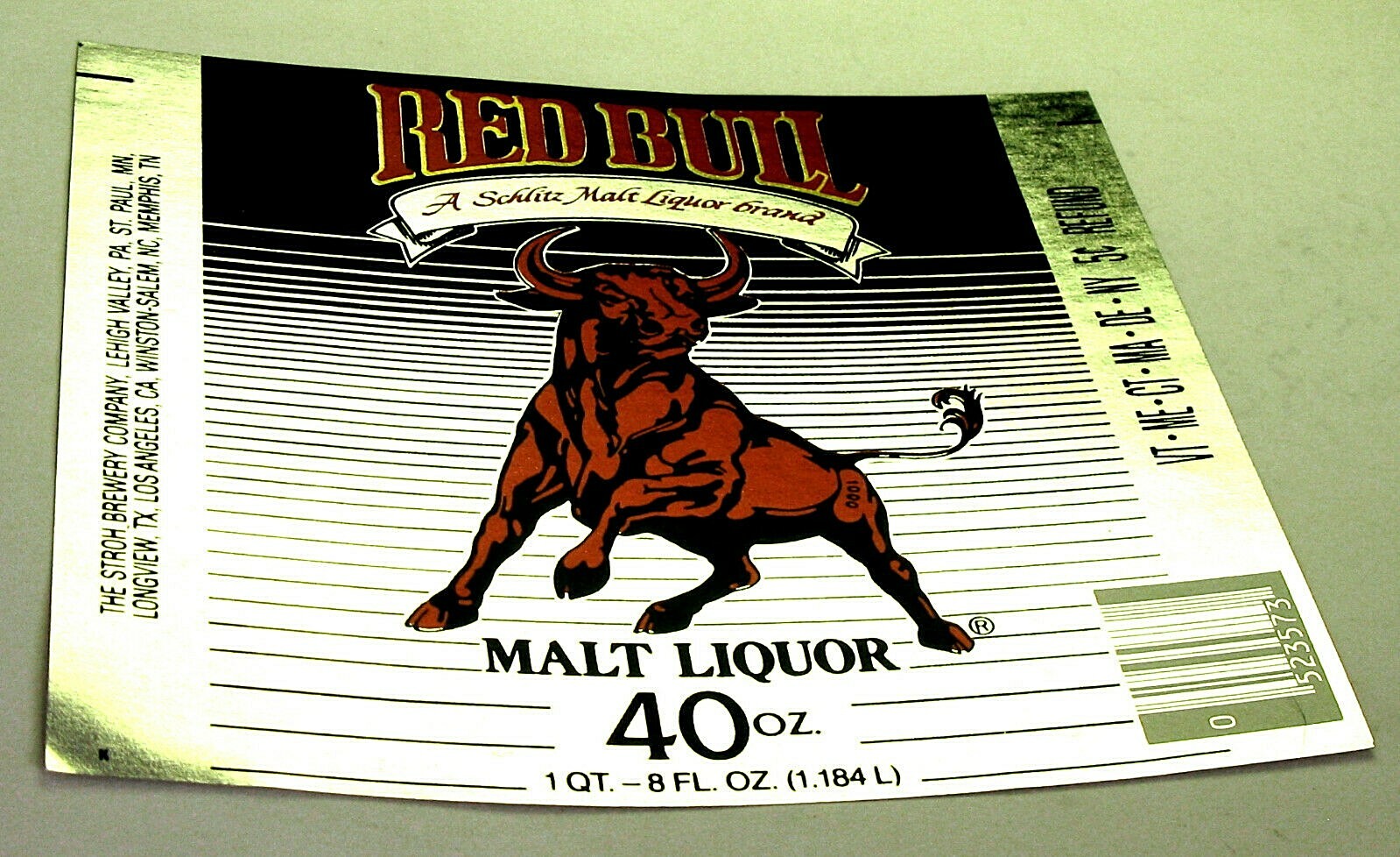 Stroh Brewery Co RED BULL MALT LIQUOR silver beer label PA 40oz 6state