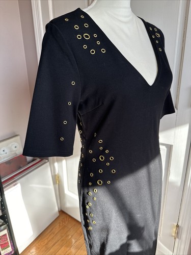 XOXO Women Black Long Knit Stretch Dress Vneck Mid Sleeves Pullover SZ Lg Lined - Picture 3 of 5