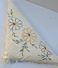 Vintage Throw Pillow Hand Embroidered Floral Daisy Triangle Feather Stuffed