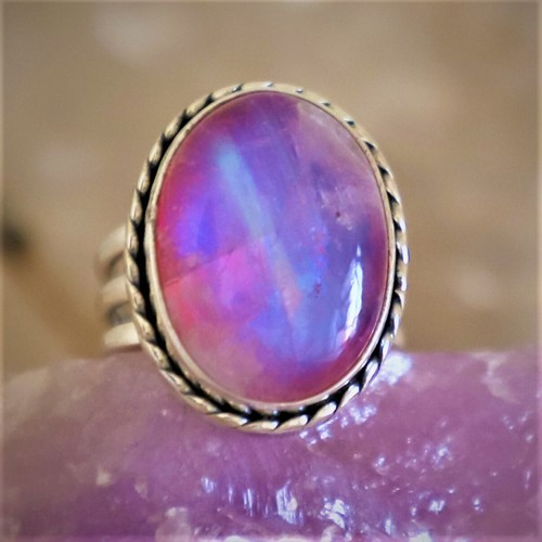 PINK RAINBOW MOONSTONE NATURAL GEMSTONE 925 STERLING SILVER JEWELRY RING 3 TO 12