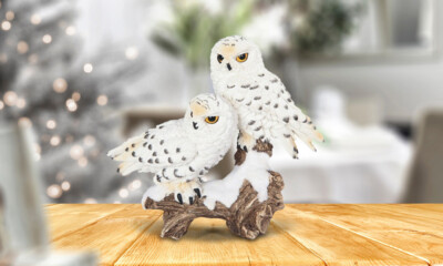 6''W Snowy Owl Couple Standing on Tree Trunk Figurine Home Decor Unique Gift