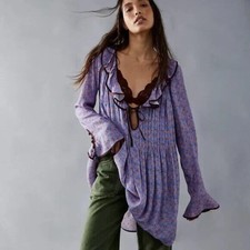 Free People Blossom Baby Mini Dress Floral Printed Ruffle Button Bell sleeve XS