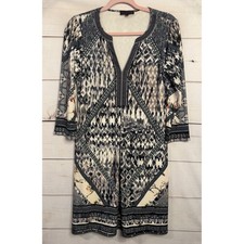 Hale Bob Womens Small Ikat Geometric Floral V-Neck 3/4 Sleeve Sheath Dress Boho