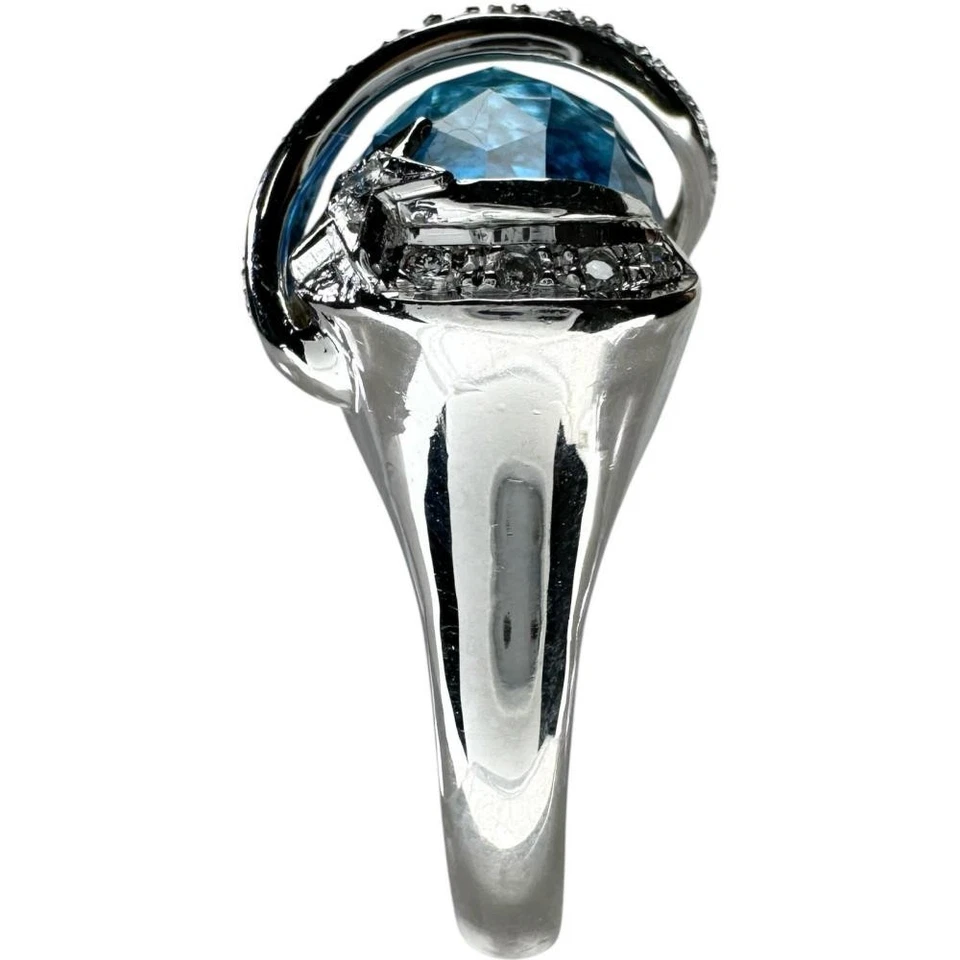 US 8 Topacio Azul 7.70ct Diamante 0.14ct Anillo K18WG Oro Blanco 8.4g Mujeres - Imagen 3 de 4