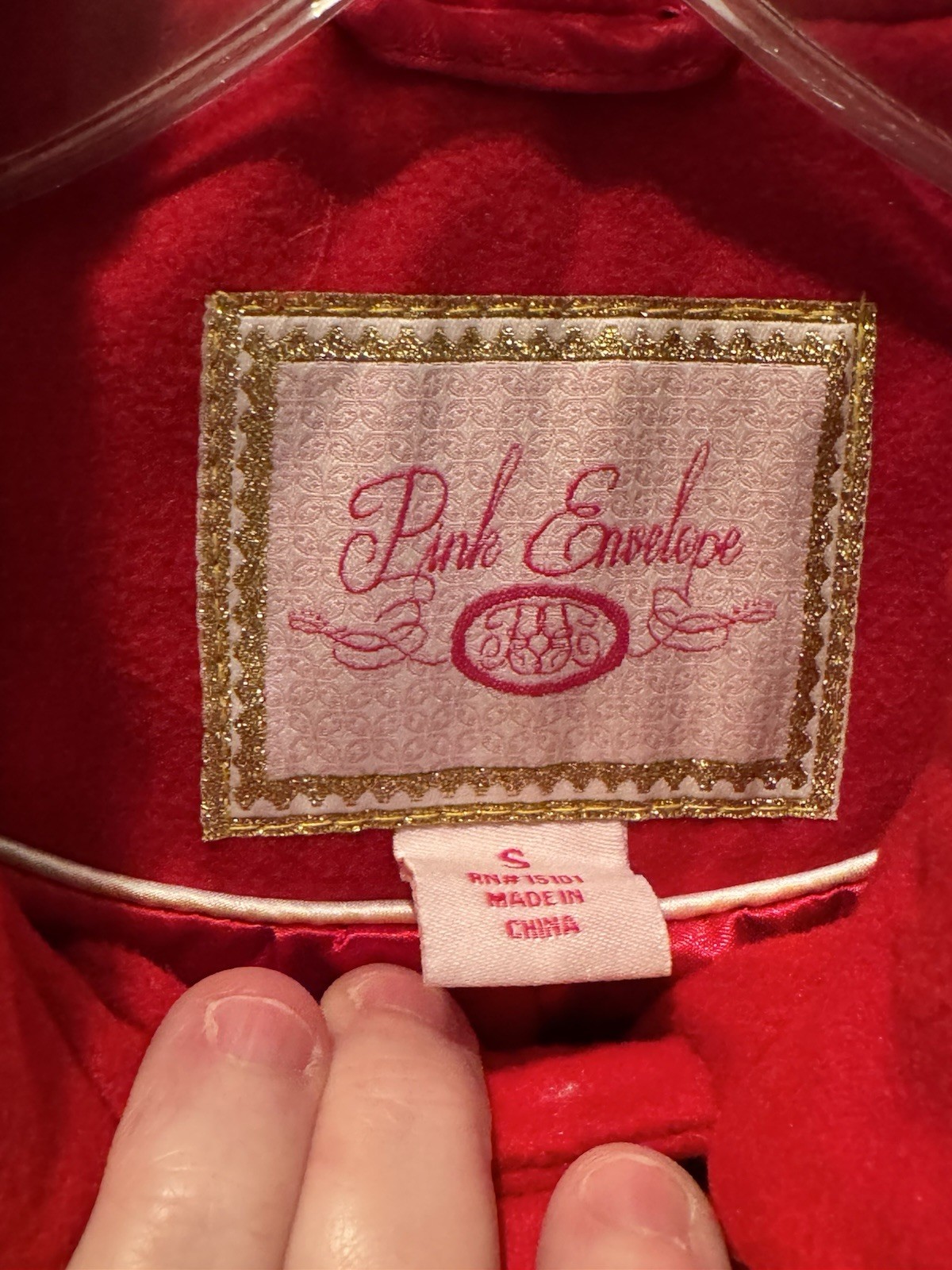 Pink Envelope Red Polyester Double Breasted Pea C… - image 4