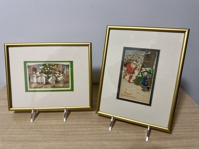 Framed Pair Antique Christmas POSTCARDS Pauli Ebner Santa Angels Vintage Art