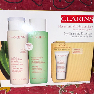 Clarins My Cleansing Essentials Set Cleanser+Toner+Exfoliant Bag Combo Skin