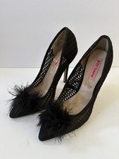 Betsey Johnson Mae Feather Pom Pom Eyet Heels Shoes Black 9 Pointed Toe Preppy