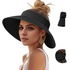 Sun Hats Visor for Women, UV UPF Straw Beach Hat Foldable Wide Brim Ponytail ...