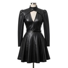 Black Genuine Leather Mini Dress with Belt Puffed Sleeve Real Leather