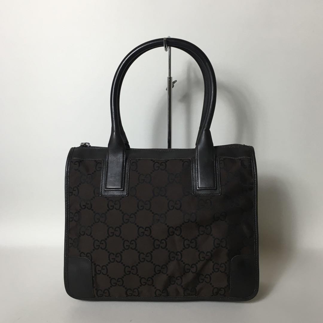 Gucci GG Nylon Handbag Dark Brown with Leather Trim Pre-Owned