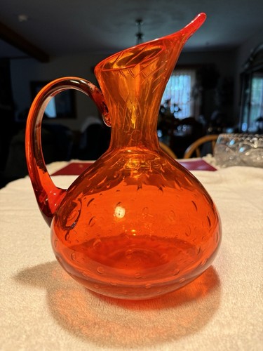 Mid Century Modern Hand Blown Glass Pitcher w/ Handle Controlled Bubbles Orange - Picture 5 of 16