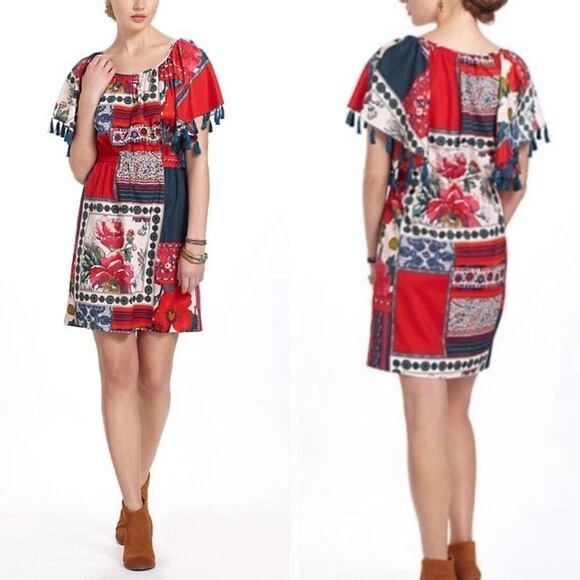 Vestido Vanessa Virginia Anthropologie Rosa Persa Floral Patchwork Borla Talla XS Foto 2 de 4