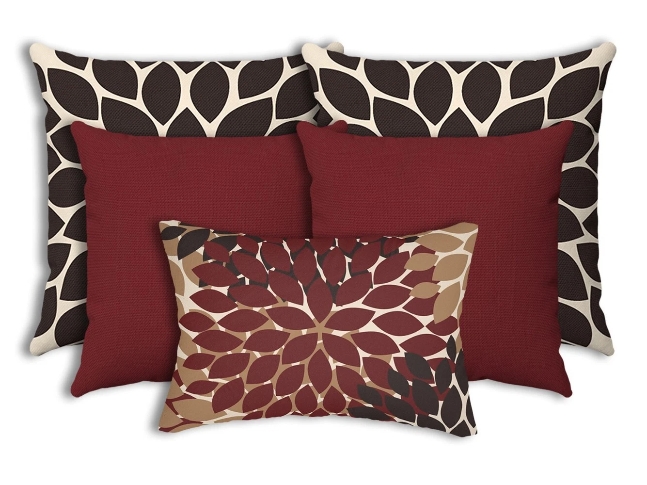Set of 5 Burgundy and Brown Floral Decorative Throw Pillows 20x20, 18x18, 14x20