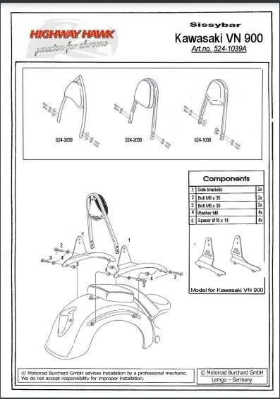 Sissy bar neuf dosseret hauteur 40cm  Kawasaki VN 900 Custom HH 524-3039 NEW - Photo 2/2