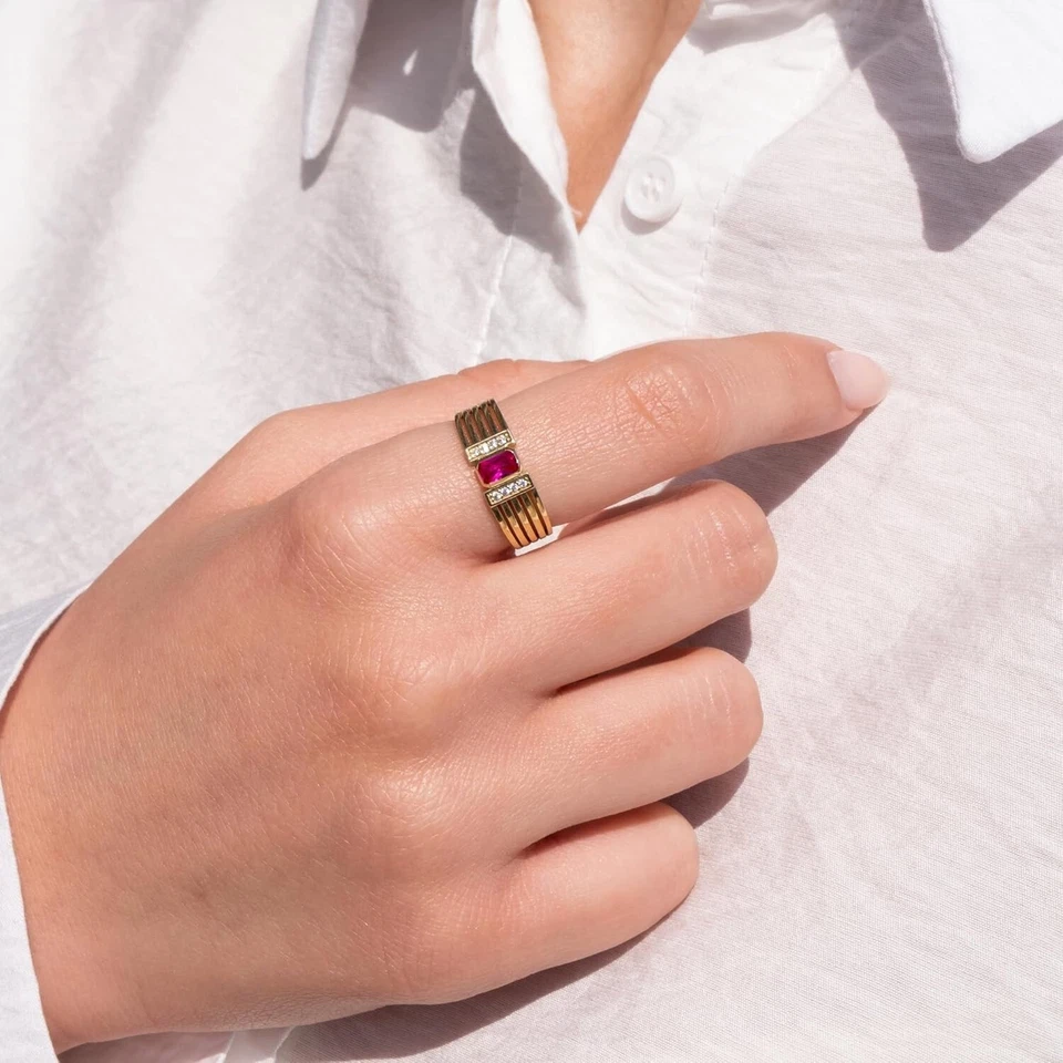 14k Solid Gold Lab-Created Ruby Ring, Stackable Rings, Wedding Jewelry for Women - Image 3 of 4