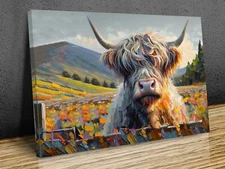 Hairy Scottish cow vibrant colours mounted canvas print art ready to hang