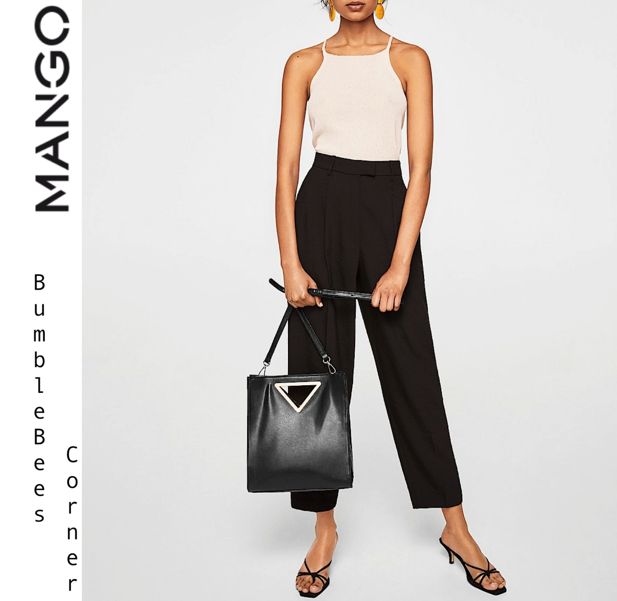 MANGO Tote Bag TRAPEZE Shape RETRO Look METALLIC HANDLE Strap