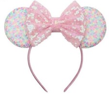 Child Size Costume Sequined MINNIE MOUSE EARS - PASTEL RAINBOW PINK Headband