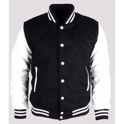 New Black Wool Jacket White Real Leather Sleeve Varsity Letterman College Bomber