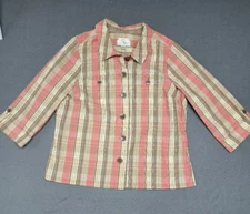 NWT~CJ BANKS Woman's 1X Stretch 3/4 Sleeve Button Up Pink Tan Plaid Blouse NEW
