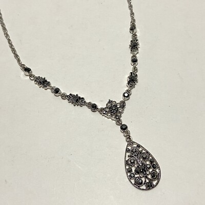 Crown Trifari Silver Tone Faux Marcasite Necklace Y Drop Dangle Teardrop Pendant