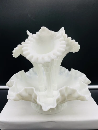 New ListingVintage Fenton 10" White Milk Glass Olde Virginia Thumbprint 3 Horn Epergne