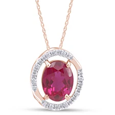 Oval Cut Red Ruby & Natural Diamond Halo Pendant Necklace 14K Rose Gold Plated