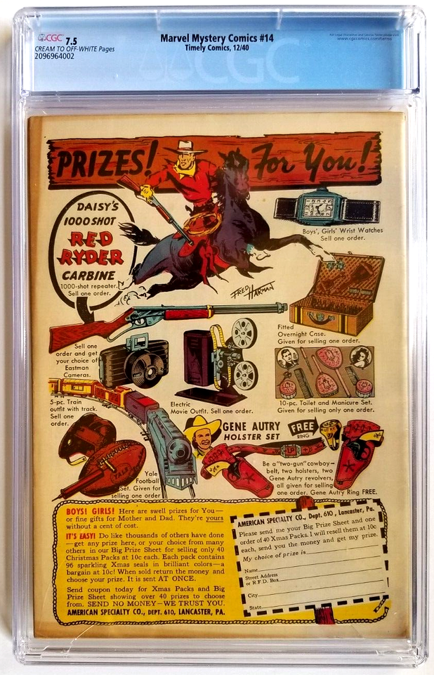 MARVEL MYSTERY COMICS #14 CGC VF- 7.5 TIMELY 1940 SCHOMBURG NAZI WWII ...