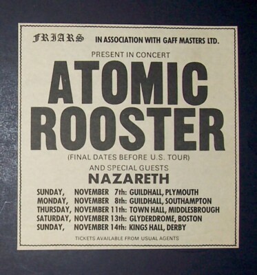 Atomic Rooster w/ Nazareth Rainbow London 1971 Small Poster Type Concert Ad