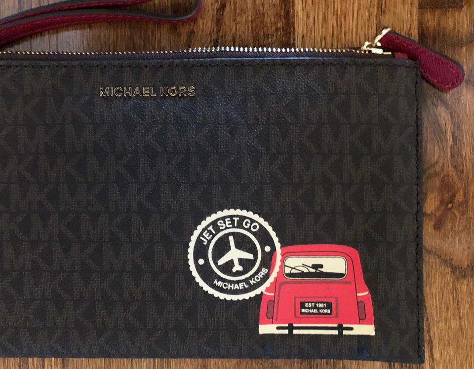 NEW Michael Kors Brown Zip Clutch Wristlet Jet Set Go Signature - Image 2 of 4