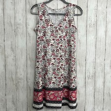 Floral Border Print Shift Dress V-Neck Sleeveless Pink White Black Summer Medium