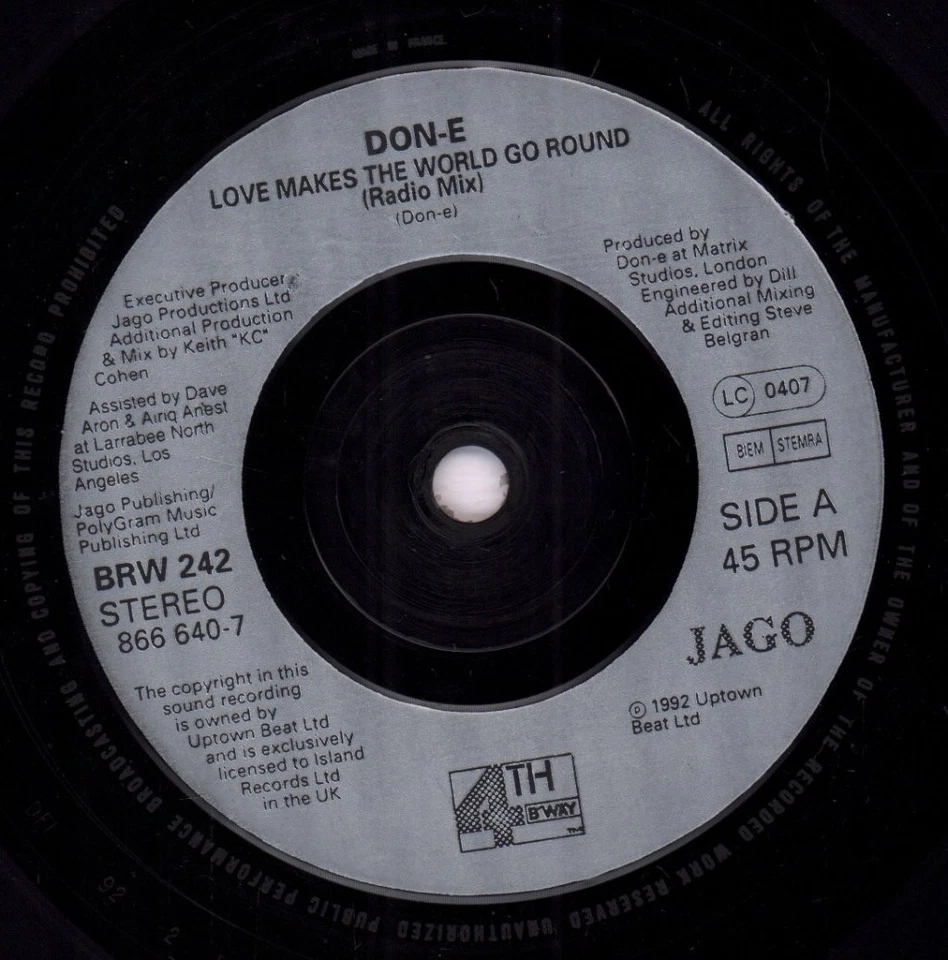 Don-E Love Makes the World Go Round 7" vinyl UK 4th and Broadway 1992 pic sleeve - Image 3 of 3