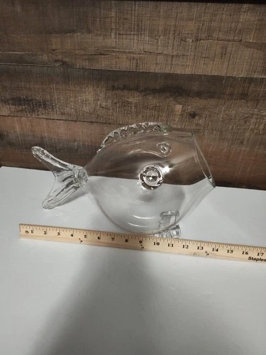 Blenko Style 11.5in Hand Blown Clear Glass Fish Vase Bowl