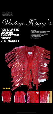 Vintage kippy s Red & White Leather Rhinestone Fringe Vest