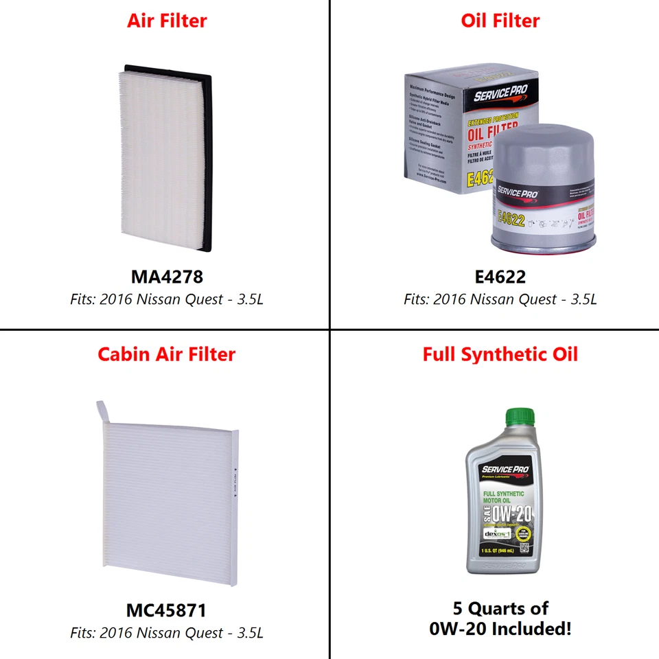 2016 Nissan Quest 3.5L Complete Cabin, Air & Oil Filter Kit (0W-20) Foto 2 de 4