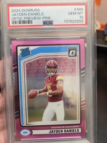 2024 Panini Donruss Rated Rookie Jayden Daniels #389 Optic Preview Pink. PSA 10