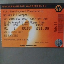 WOLVERHAMPTON WANDERERS v LIVERPOOL MATCH TICKET 2003/4