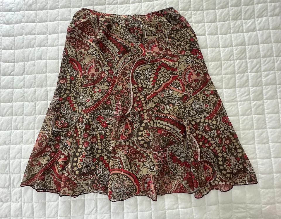 DRESSBARN Skirt Womens 12 Brown Paisley Chiffon Midi Fairy Grunge Retro Y2K Fall - Image 3 of 4