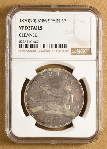 1870(70) SNM Spain 5 Pesetas NGC VF Details