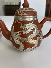 Dragon Motif Chinese Yixing Zisha Clay Teapot, Cups, Plate W/ Pewter/Tin Overlay