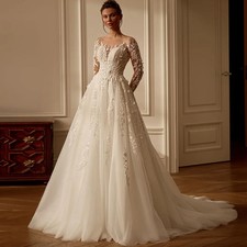 Bride Wedding Dress Scoop Neck Beading Applique A Line Glitter Bridal Gown