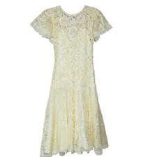 Vtg USA Shuet Young Ivory Lace Sequins Victorian Midi Dress Size 5-6 Cottagecore