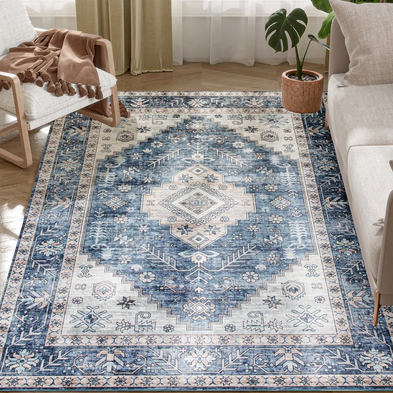 4x6 Area Rug, Vintage Machine Washable Rug for Living Room, Blue