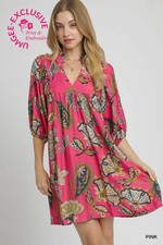 Pink Multi Umgee Abstract Print Puff Sleeve Babydoll Dress sz Medium