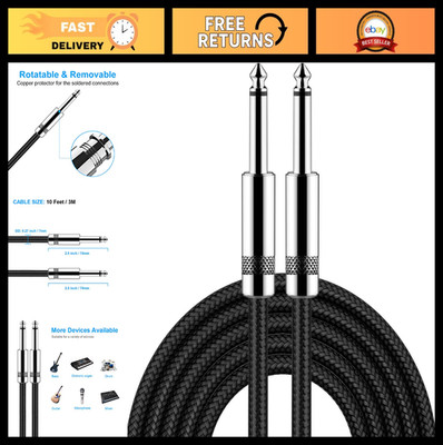10ft Electric Guitar Cable - 1/4'' Straight to Straight, Bass AMP Cord, Pro Audio