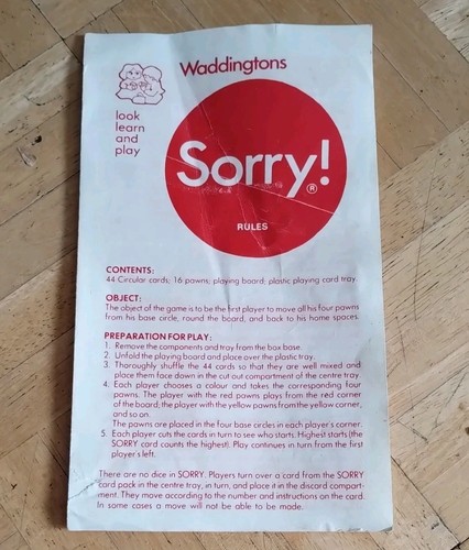 Vintage Sorry! Board Game - Waddingtons 1977 - Look Learn Play Age 4+ - Complete - Picture 9 of 11