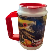 Vintage Bass Pro Shops Outdoor World Travel Mug Whirley Coffee Cup Red White